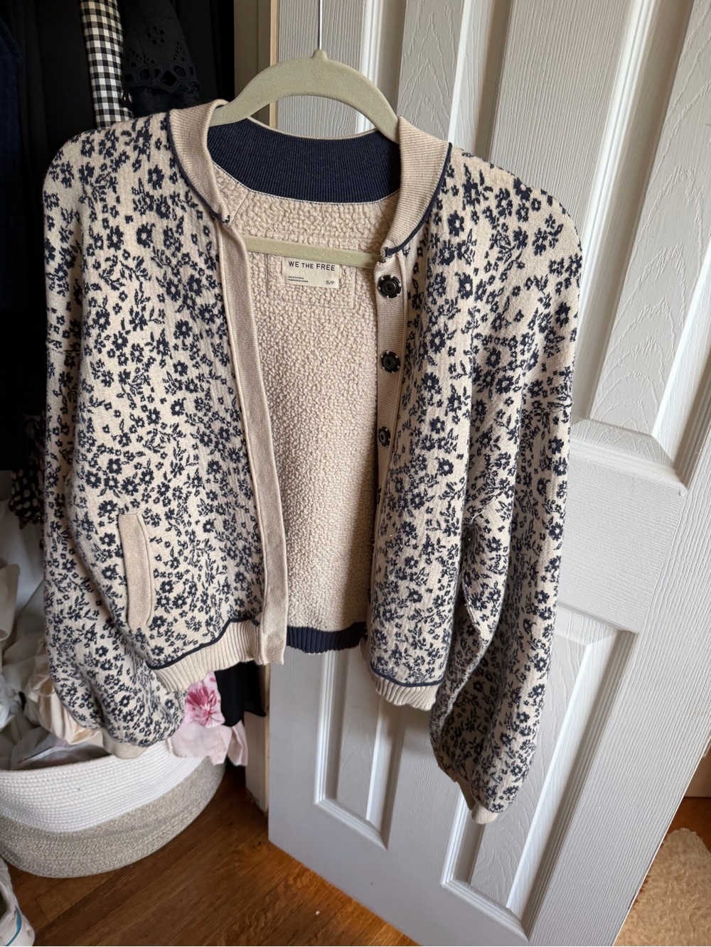 We The Free Cream Bomber Cardigan with Black Floral Knit
